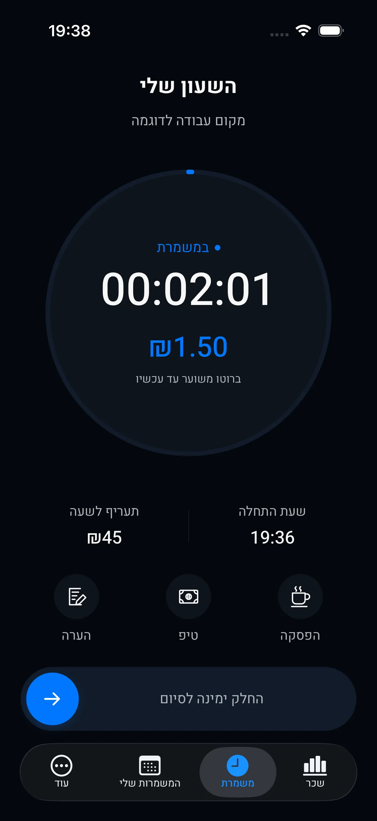 מסך המשמרת הפעילה של טיקו: טבעת טיימר, הברוטו שנצבר עד עכשיו והתעריף לשעה.